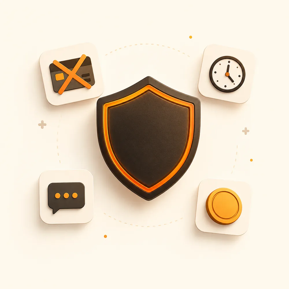 A shield surrounded by small cards standing for the common red flags